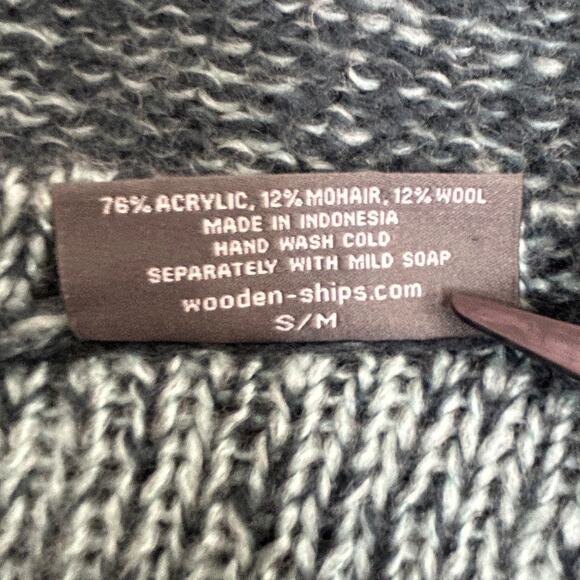 Wooden Ships Teal Fuzzy Cable Knit Sweater S/M Coastal Mohair Blend - Picture 3 of 4